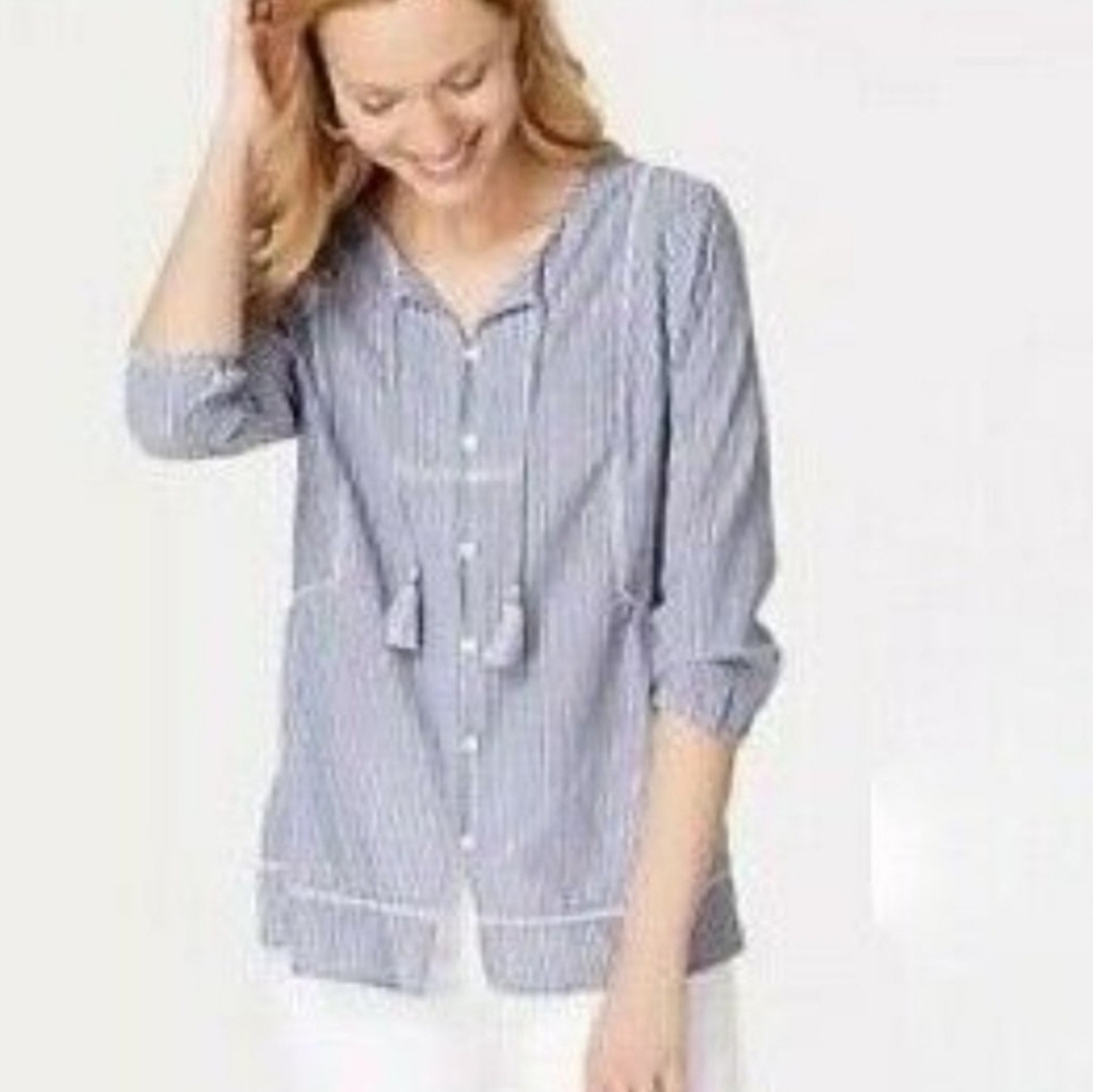 J. Jill Coastal Striped Boho Tassel 100% Cotton Tunic Top Blue White Size XL